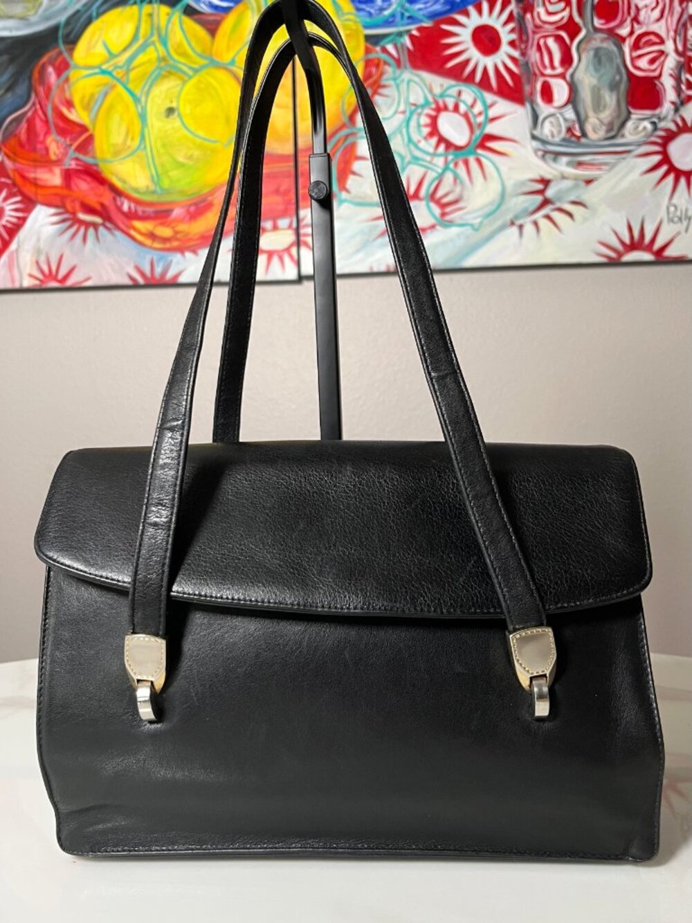 Koret Vintage Black Leather Shoulder Bag Red Interior Matching Coin Purse MCM - Picture 2 of 14